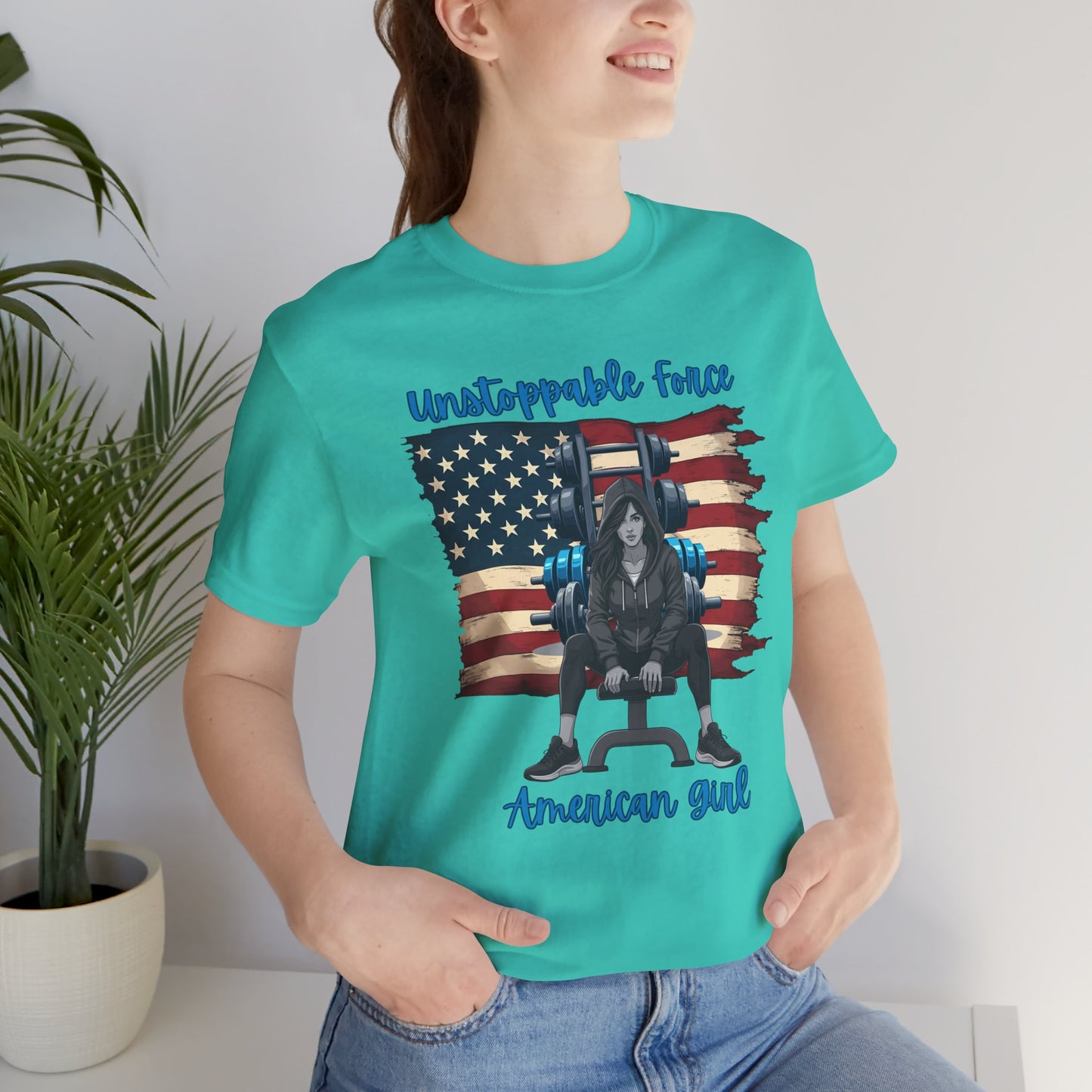 Unstoppable Force American Girl Tee - Patriotic Short Sleeve Shirt for Independence Day, Casual Wear, Gifts, Freedom Celebration