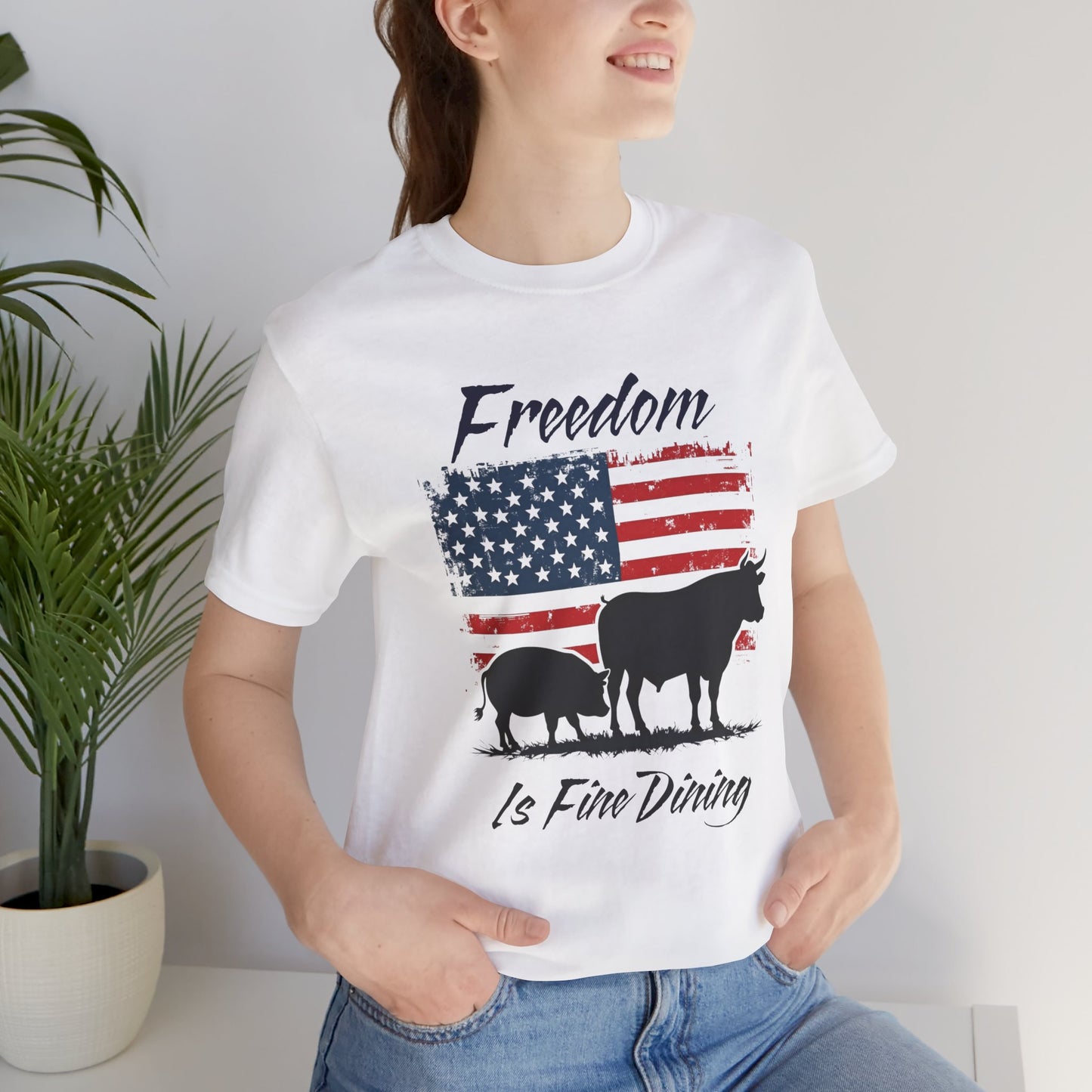 Freedom Is Fine Dining Unisex Jersey Tee - Patriotic Farm Theme