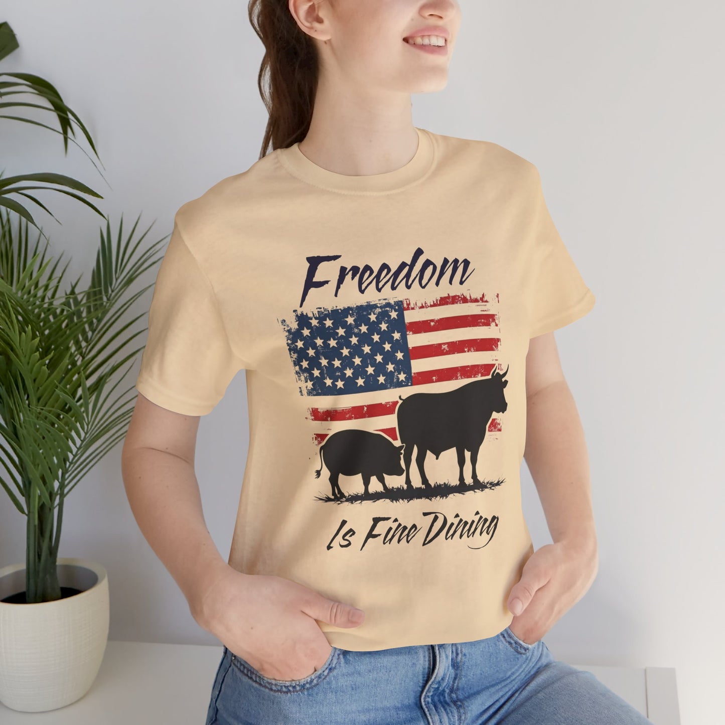 Freedom Is Fine Dining Unisex Jersey Tee - Patriotic Farm Theme