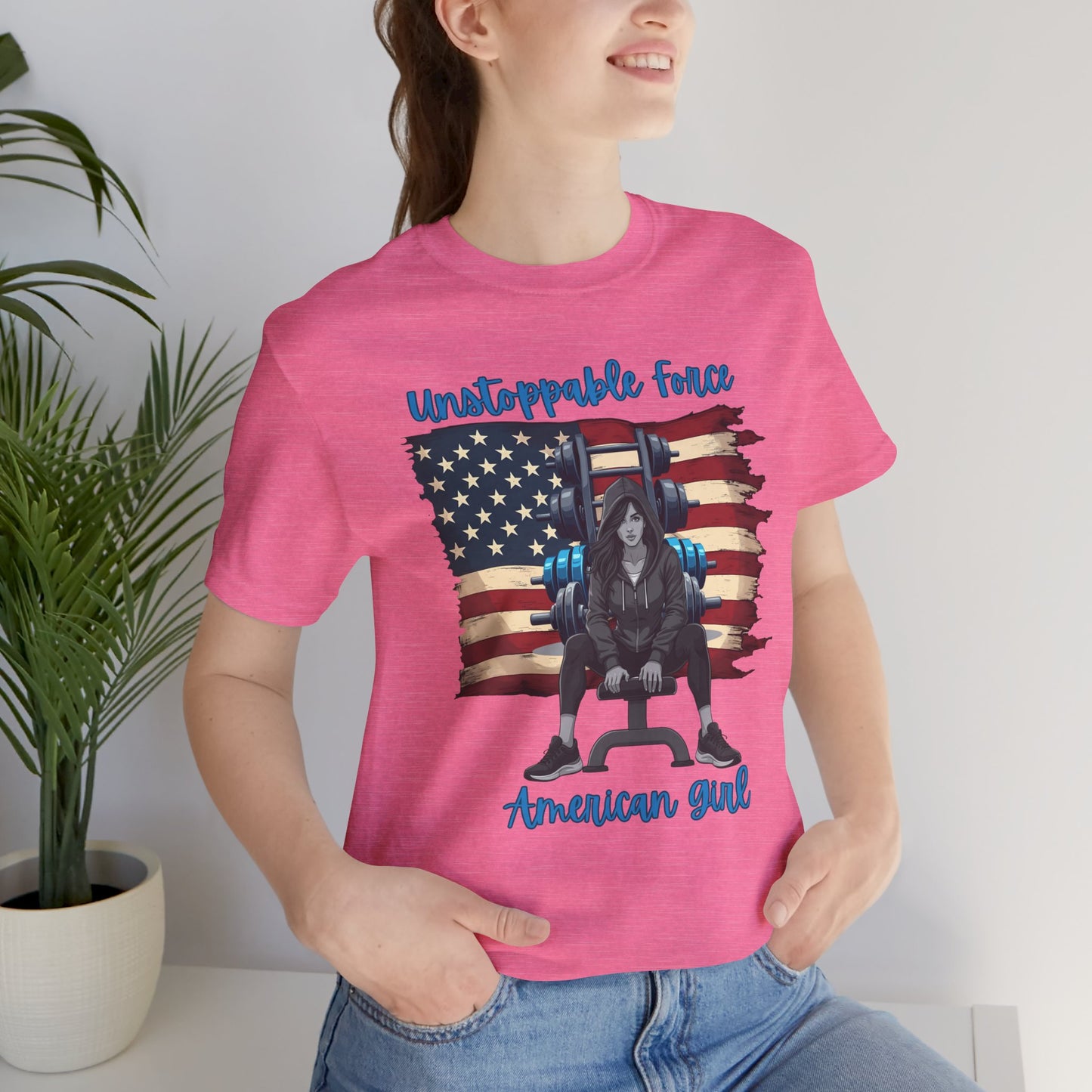 Unstoppable Force American Girl Tee - Patriotic Short Sleeve Shirt for Independence Day, Casual Wear, Gifts, Freedom Celebration