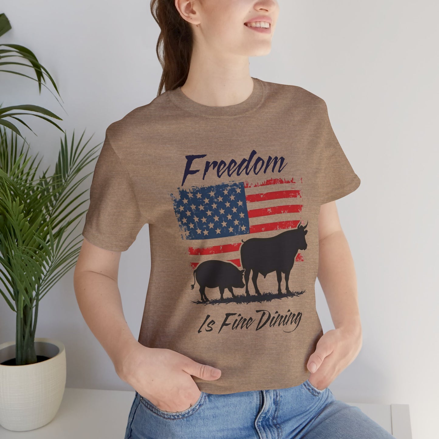 Freedom Is Fine Dining Unisex Jersey Tee - Patriotic Farm Theme