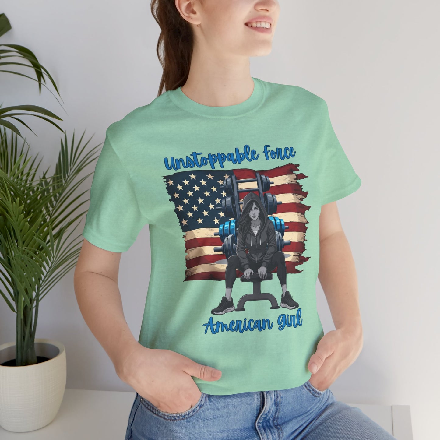 Unstoppable Force American Girl Tee - Patriotic Short Sleeve Shirt for Independence Day, Casual Wear, Gifts, Freedom Celebration