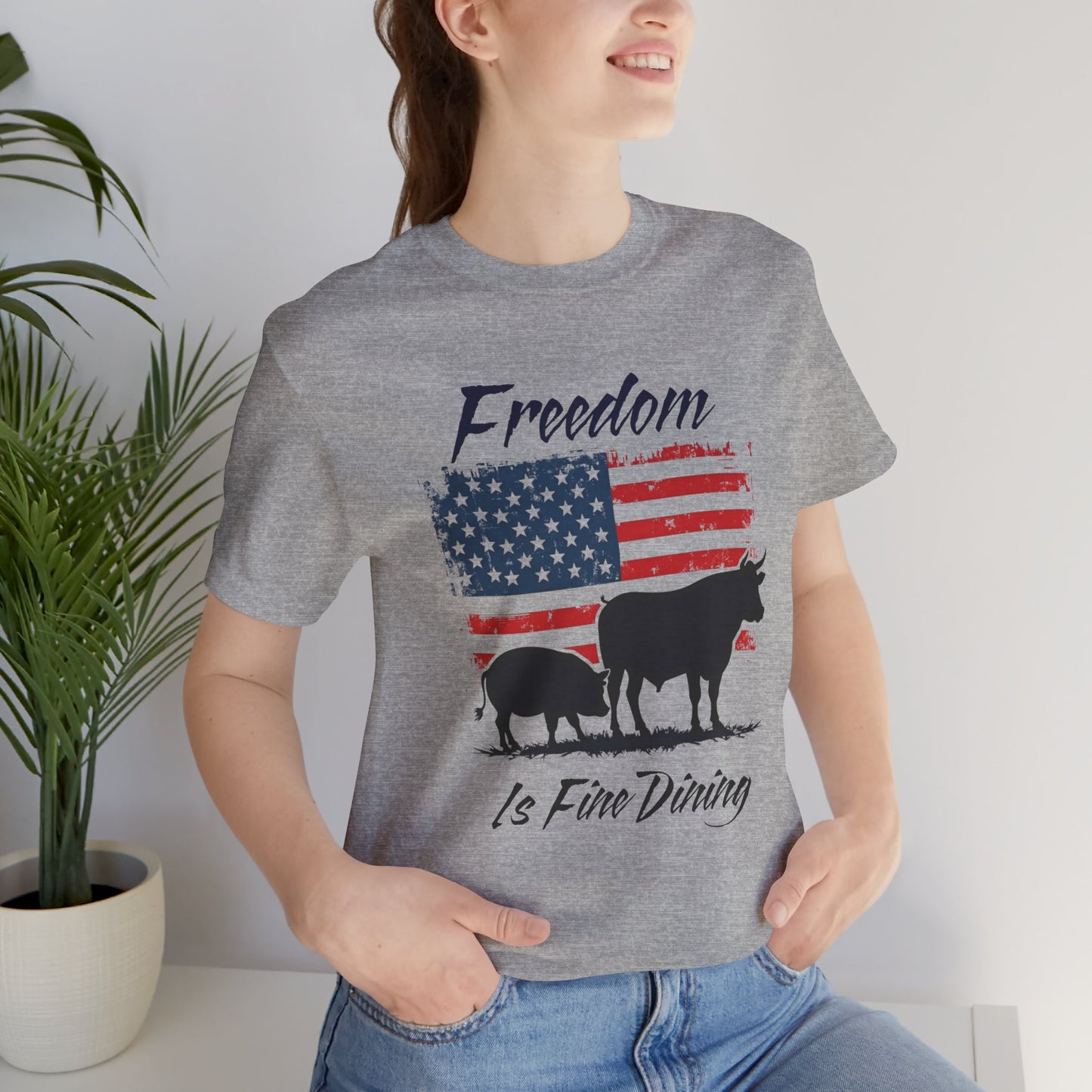 Freedom Is Fine Dining Unisex Jersey Tee - Patriotic Farm Theme