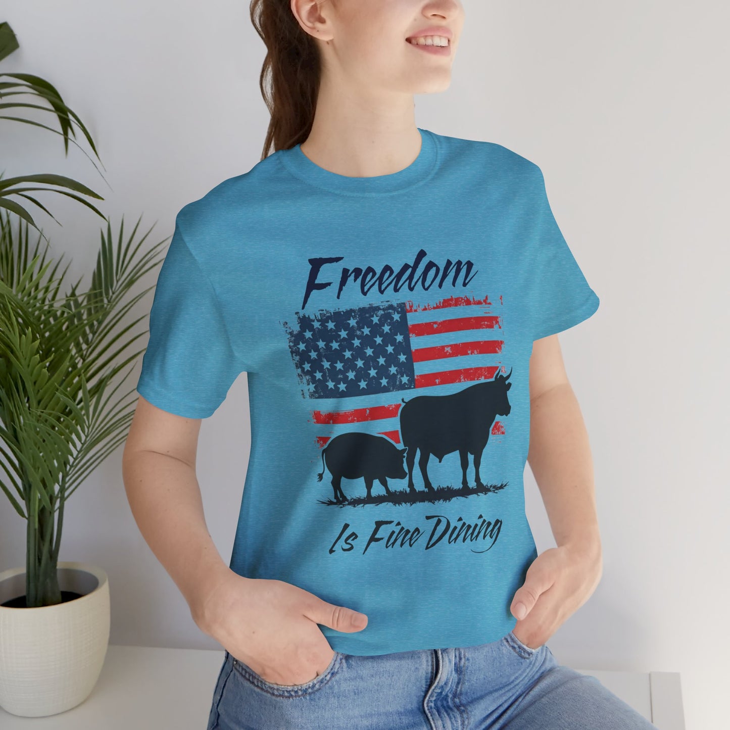 Freedom Is Fine Dining Unisex Jersey Tee - Patriotic Farm Theme