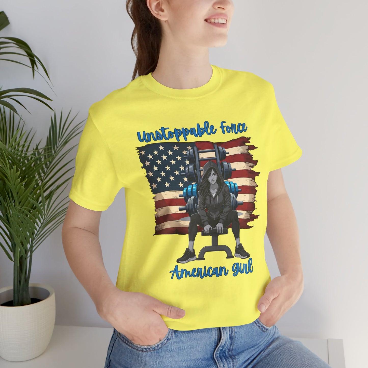 Unstoppable Force American Girl Tee - Patriotic Short Sleeve Shirt for Independence Day, Casual Wear, Gifts, Freedom Celebration