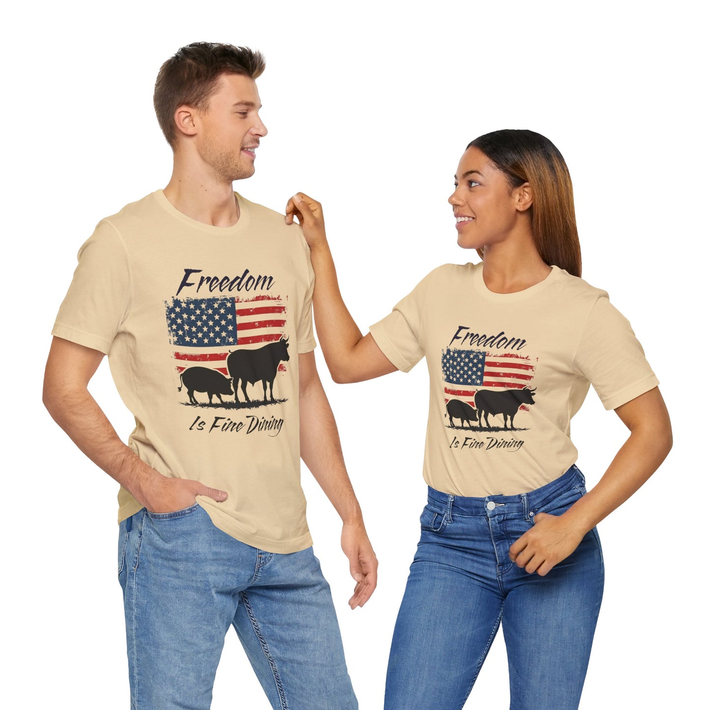 Freedom Is Fine Dining Unisex Jersey Tee - Patriotic Farm Theme