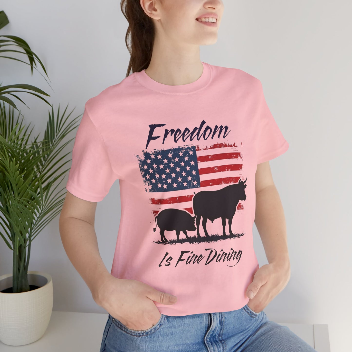 Freedom Is Fine Dining Unisex Jersey Tee - Patriotic Farm Theme
