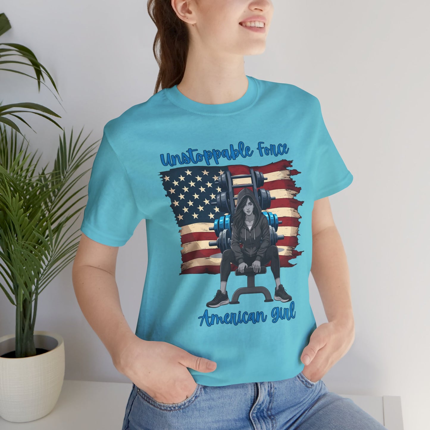 Unstoppable Force American Girl Tee - Patriotic Short Sleeve Shirt for Independence Day, Casual Wear, Gifts, Freedom Celebration