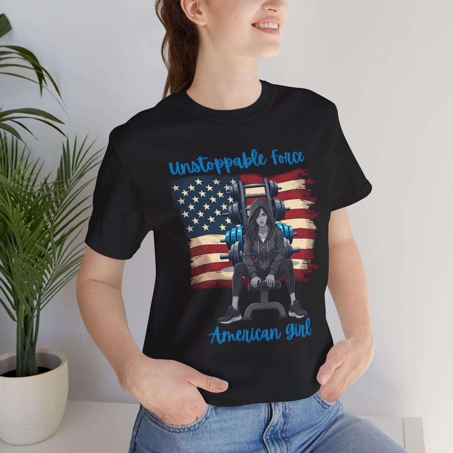 Unstoppable Force American Girl Tee - Patriotic Short Sleeve Shirt for Independence Day, Casual Wear, Gifts, Freedom Celebration