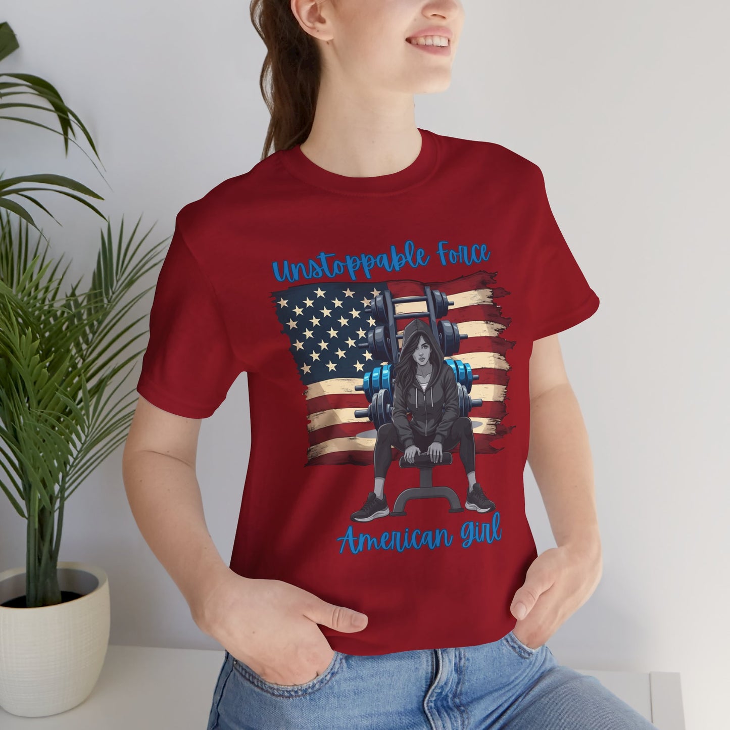 Unstoppable Force American Girl Tee - Patriotic Short Sleeve Shirt for Independence Day, Casual Wear, Gifts, Freedom Celebration