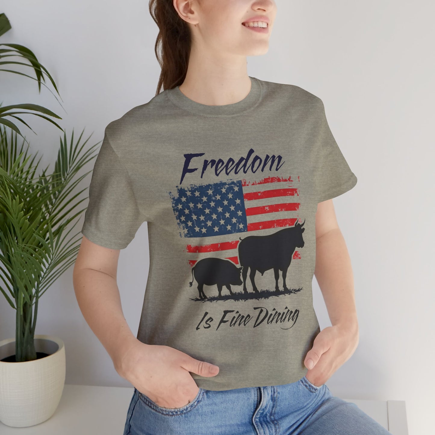 Freedom Is Fine Dining Unisex Jersey Tee - Patriotic Farm Theme