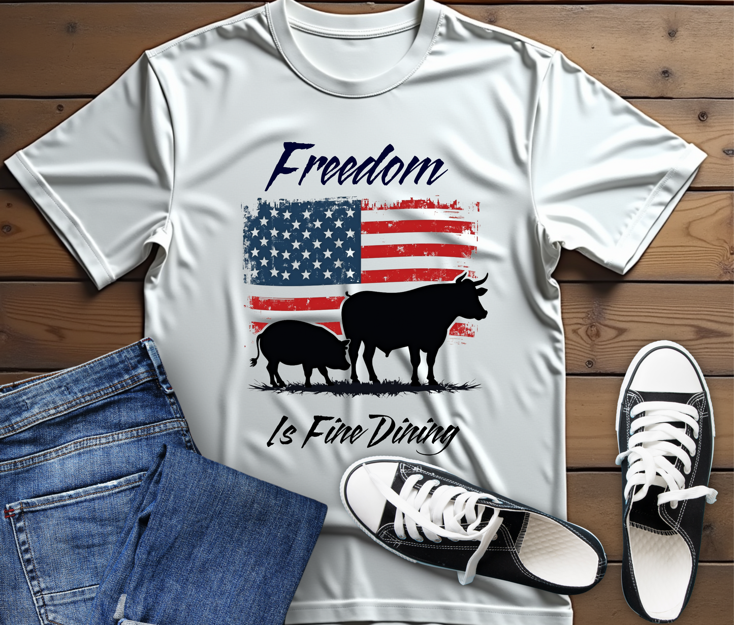 Freedom Is Fine Dining Unisex Jersey Tee - Patriotic Farm Theme