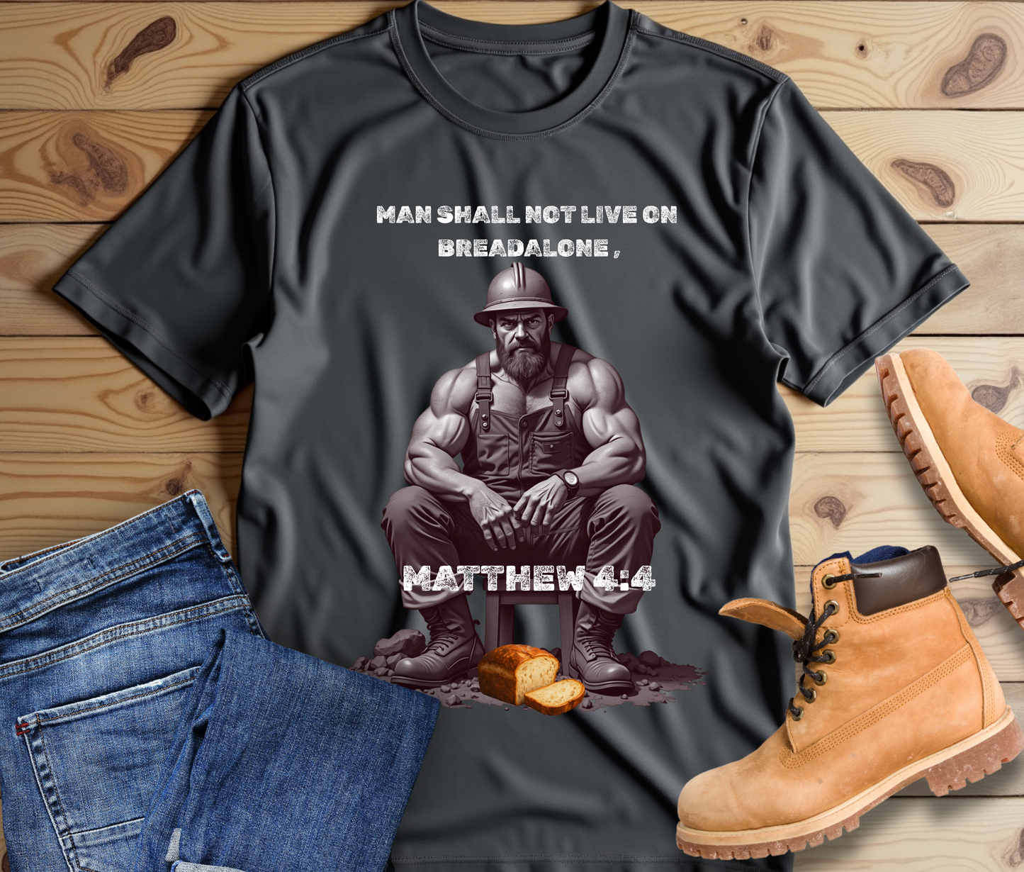 Man Shall not eat on Bread alone Christian themed T-shirt
