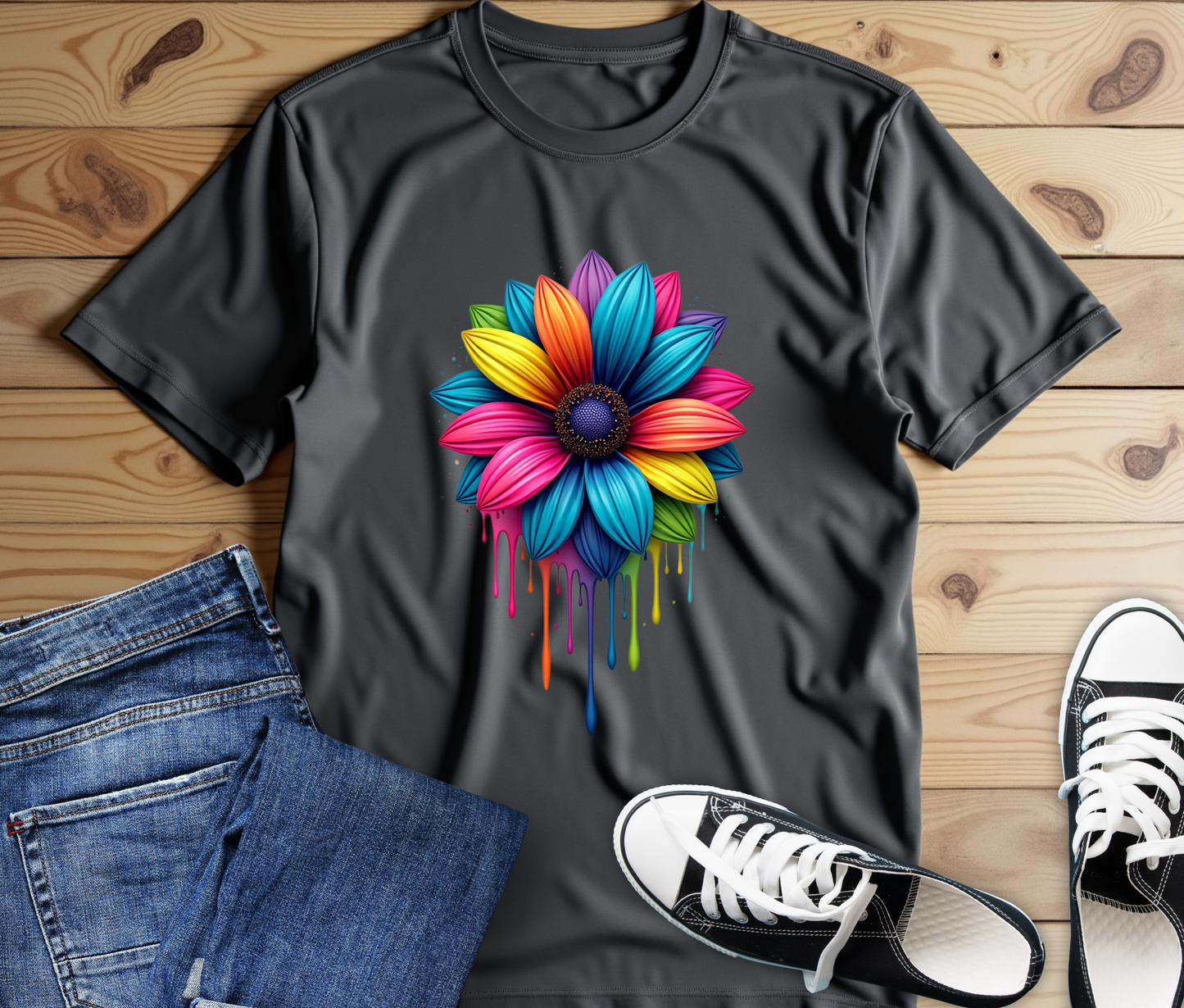 Colorful Flower Short Sleeve Tee - Vibrant Floral Design for Everyday Wear
