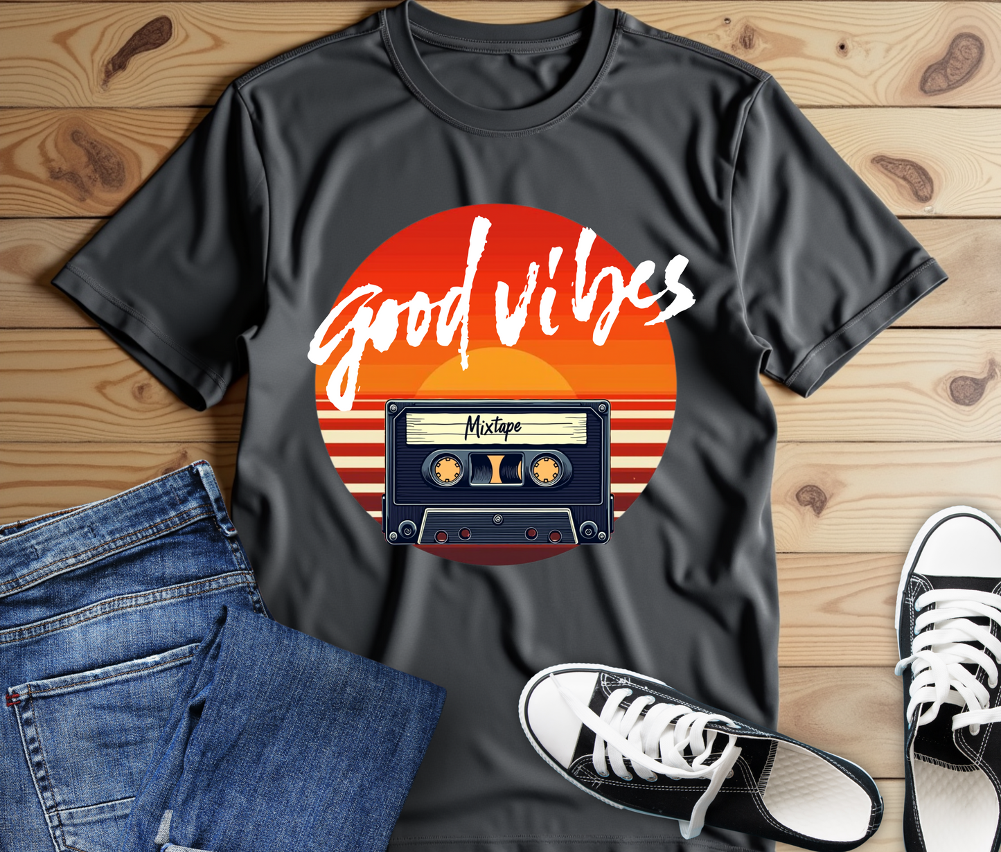 Good Vibes Unisex Jersey Tee - Retro Cassette Design for Music Lovers