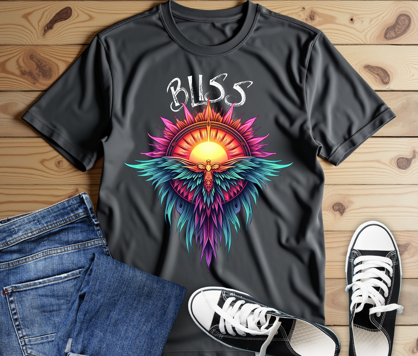 Bohemian Bliss Unisex T-Shirt - Colorful Sun & Feather Design