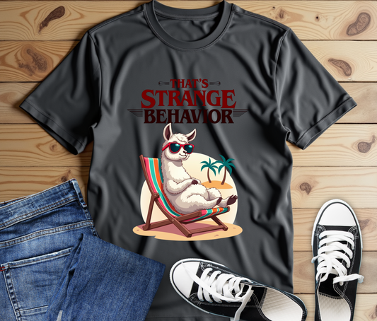 Funny Llama Graphic Tee - "That's Strange Behavior" Unisex Jersey T-Shirt