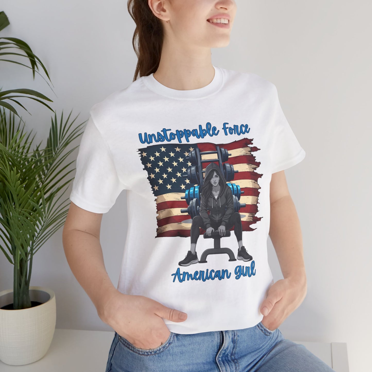 Unstoppable Force American Girl Tee - Patriotic Short Sleeve Shirt for Independence Day, Casual Wear, Gifts, Freedom Celebration