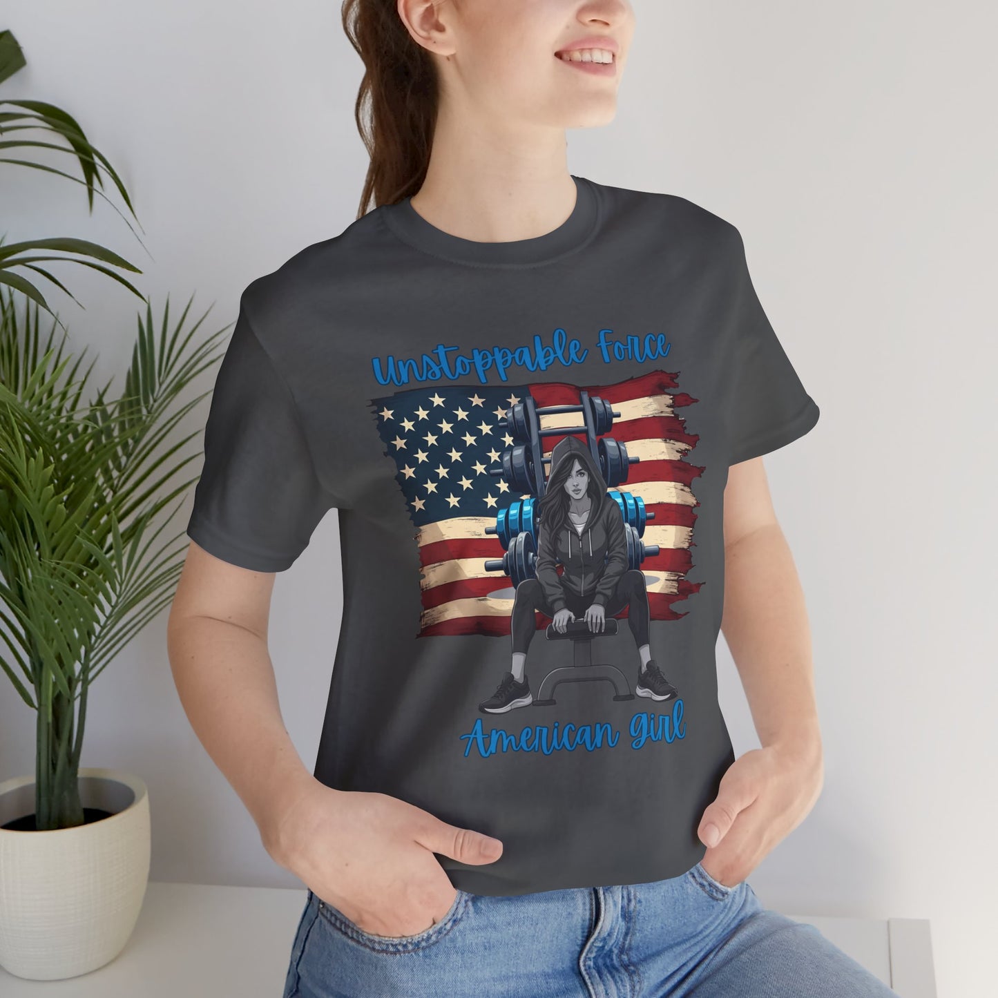 Unstoppable Force American Girl Tee - Patriotic Short Sleeve Shirt for Independence Day, Casual Wear, Gifts, Freedom Celebration