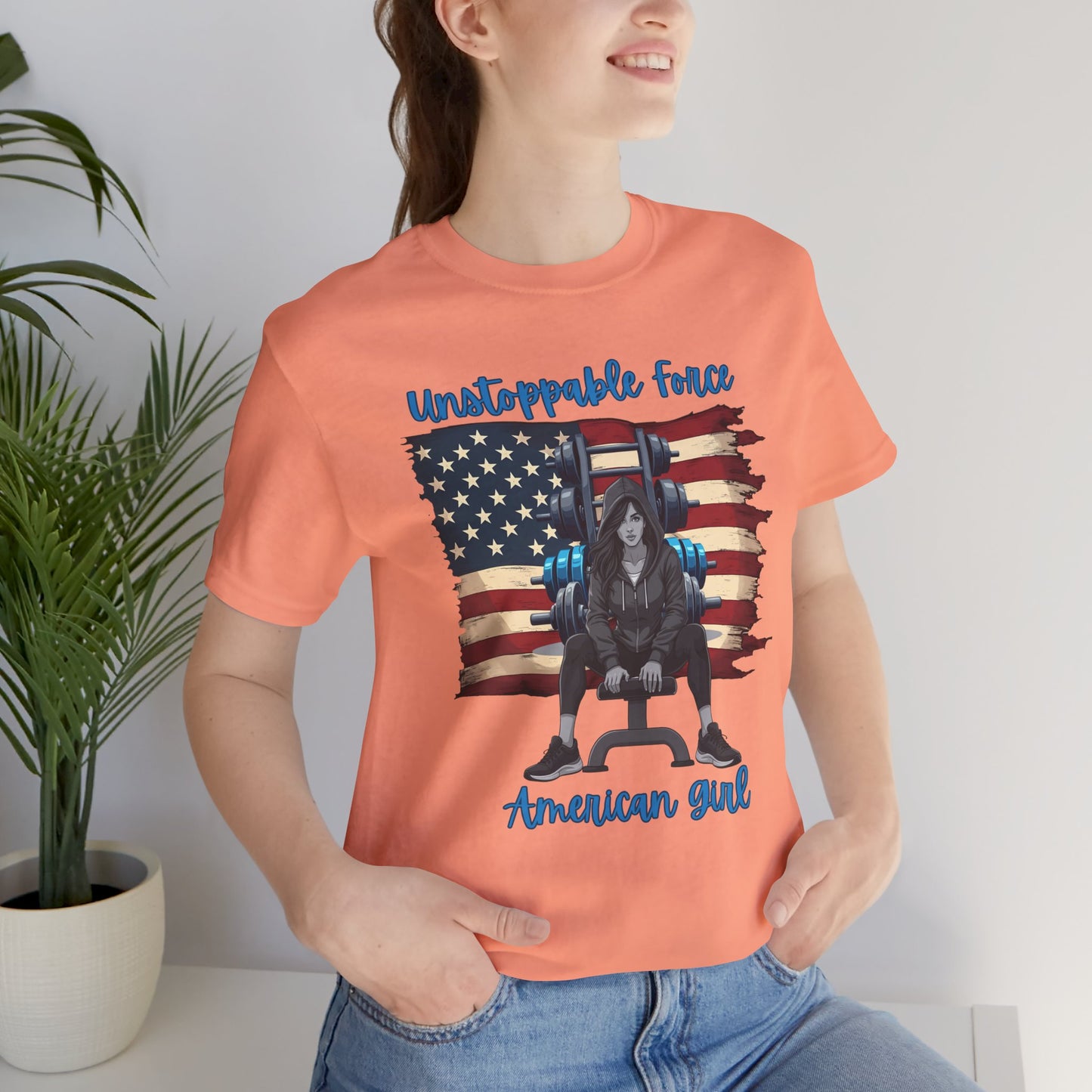 Unstoppable Force American Girl Tee - Patriotic Short Sleeve Shirt for Independence Day, Casual Wear, Gifts, Freedom Celebration
