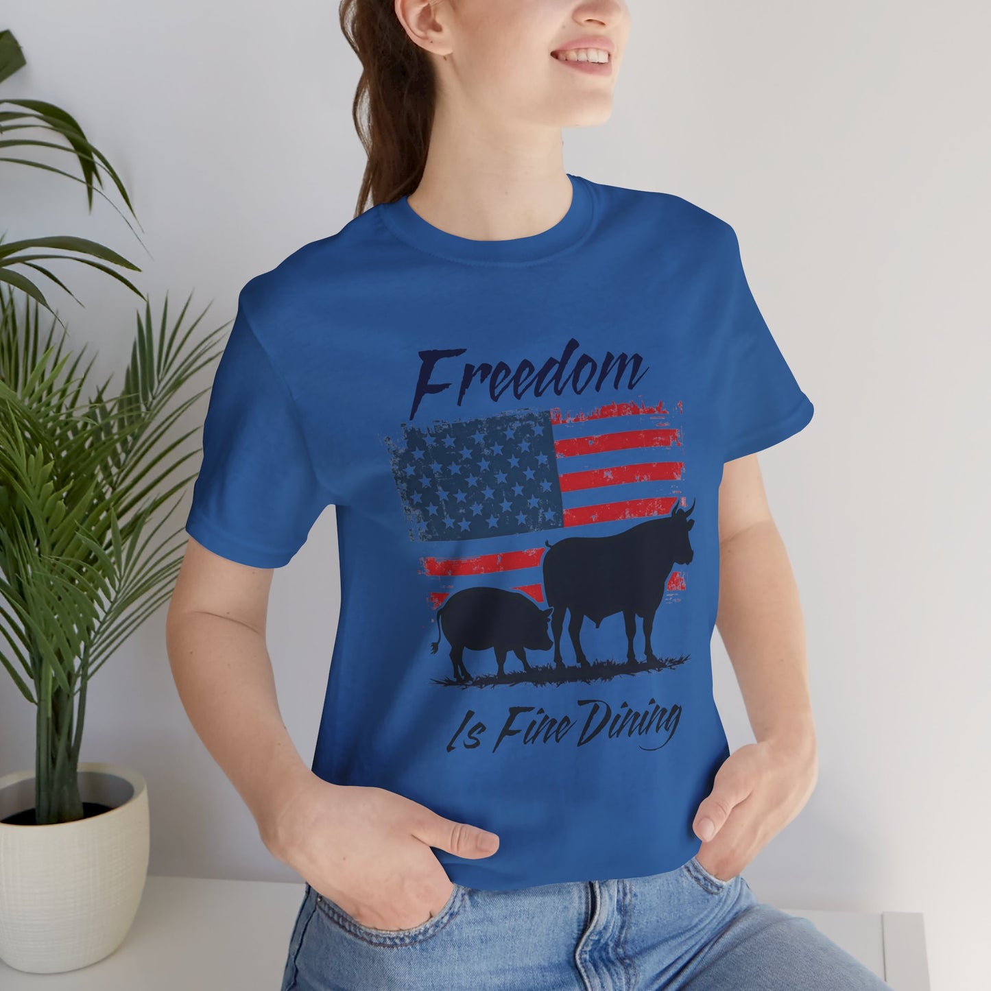 Freedom Is Fine Dining Unisex Jersey Tee - Patriotic Farm Theme