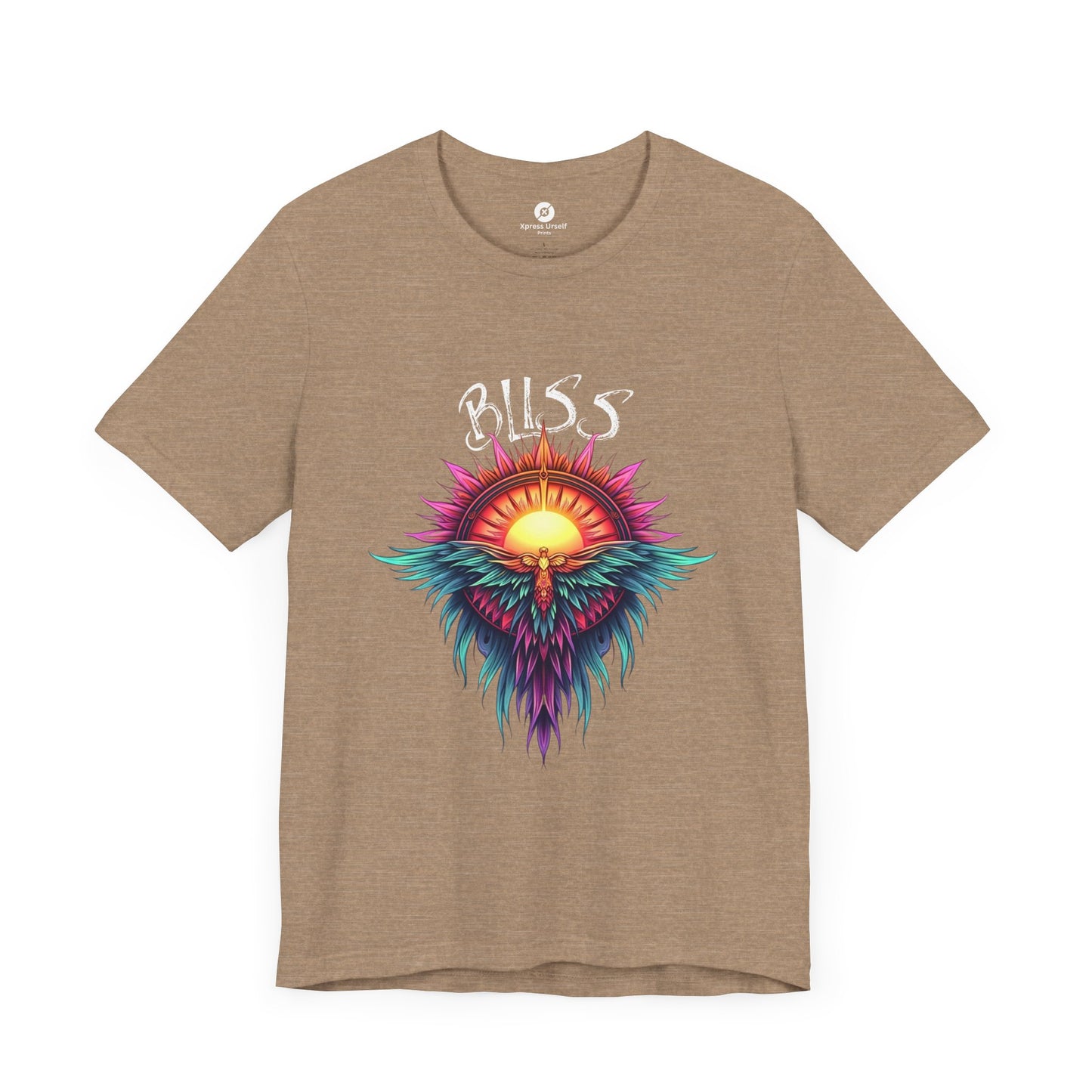 Bohemian Bliss Unisex T-Shirt - Colorful Sun & Feather Design