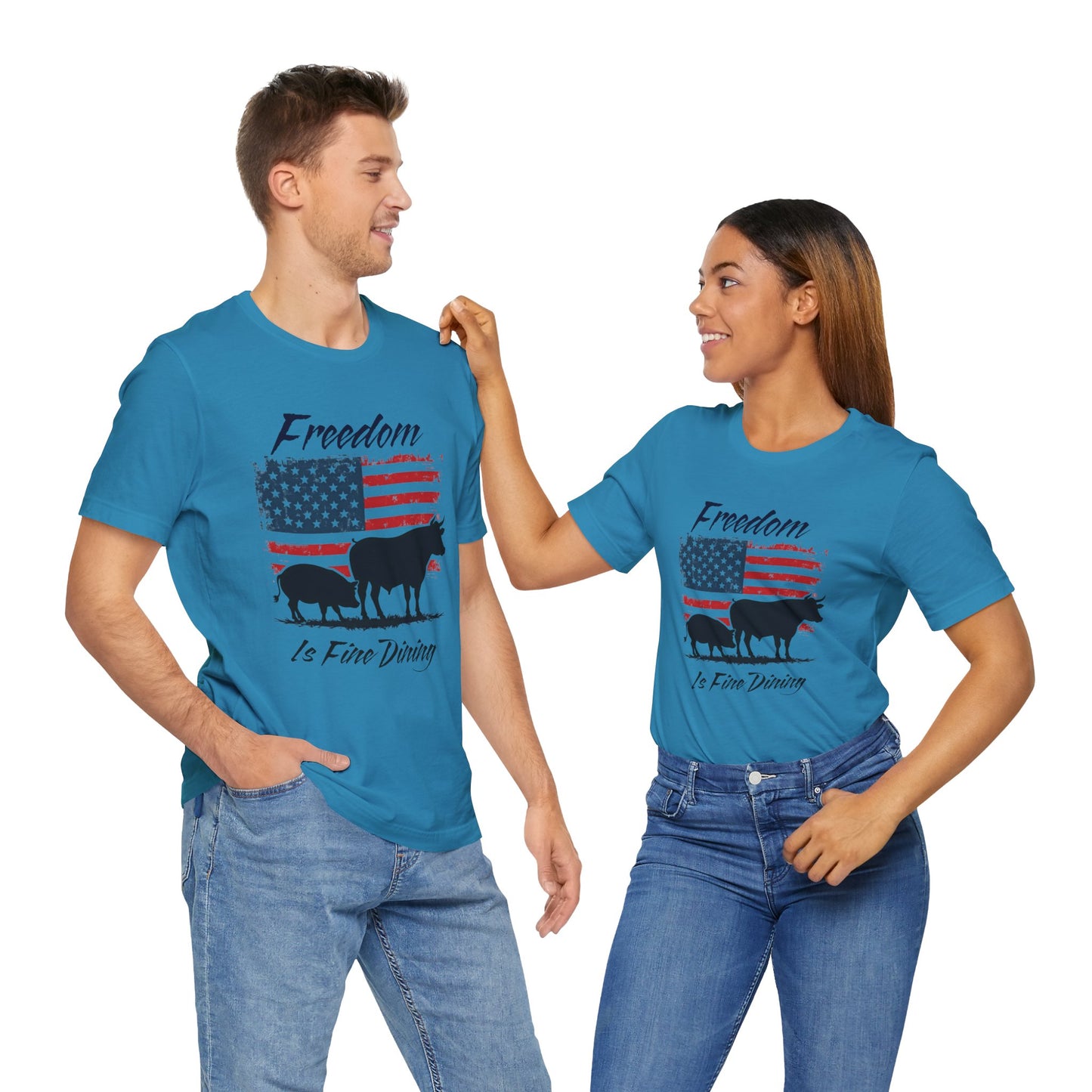 Freedom Is Fine Dining Unisex Jersey Tee - Patriotic Farm Theme