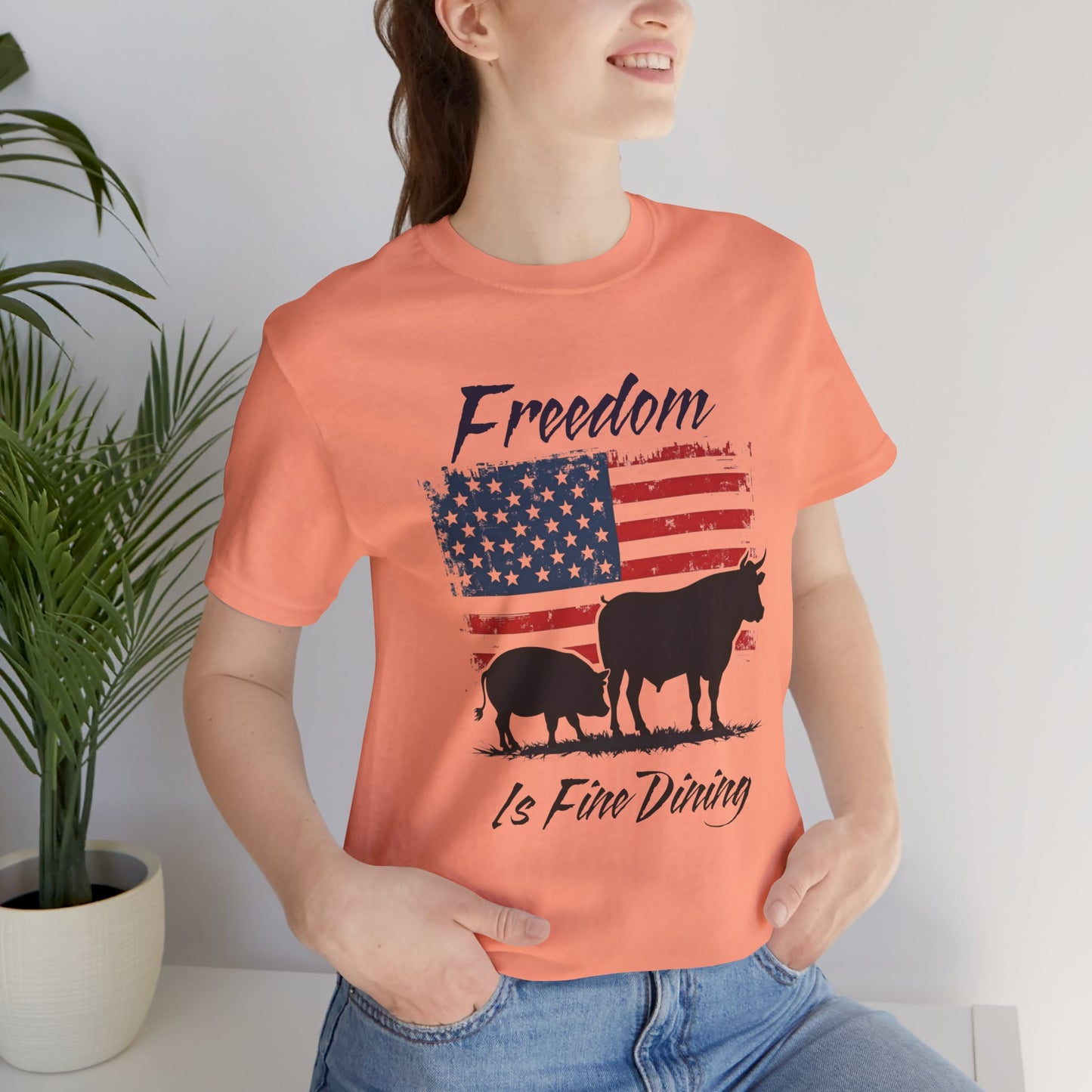 Freedom Is Fine Dining Unisex Jersey Tee - Patriotic Farm Theme