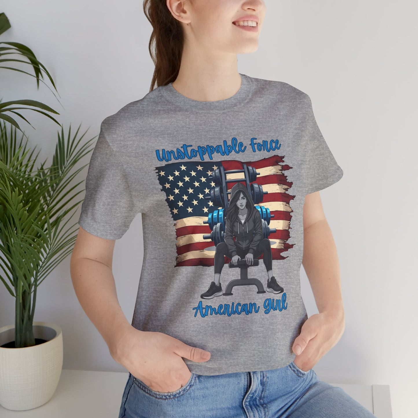Unstoppable Force American Girl Tee - Patriotic Short Sleeve Shirt for Independence Day, Casual Wear, Gifts, Freedom Celebration