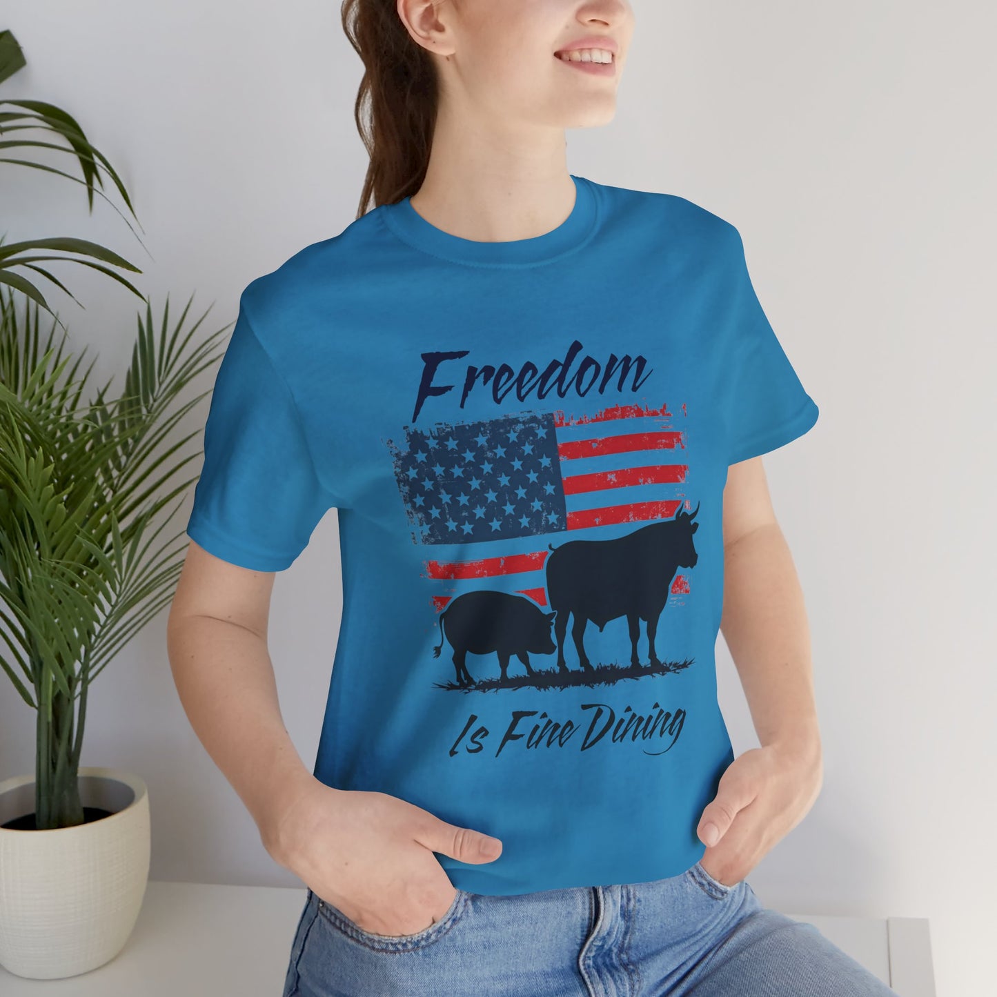 Freedom Is Fine Dining Unisex Jersey Tee - Patriotic Farm Theme