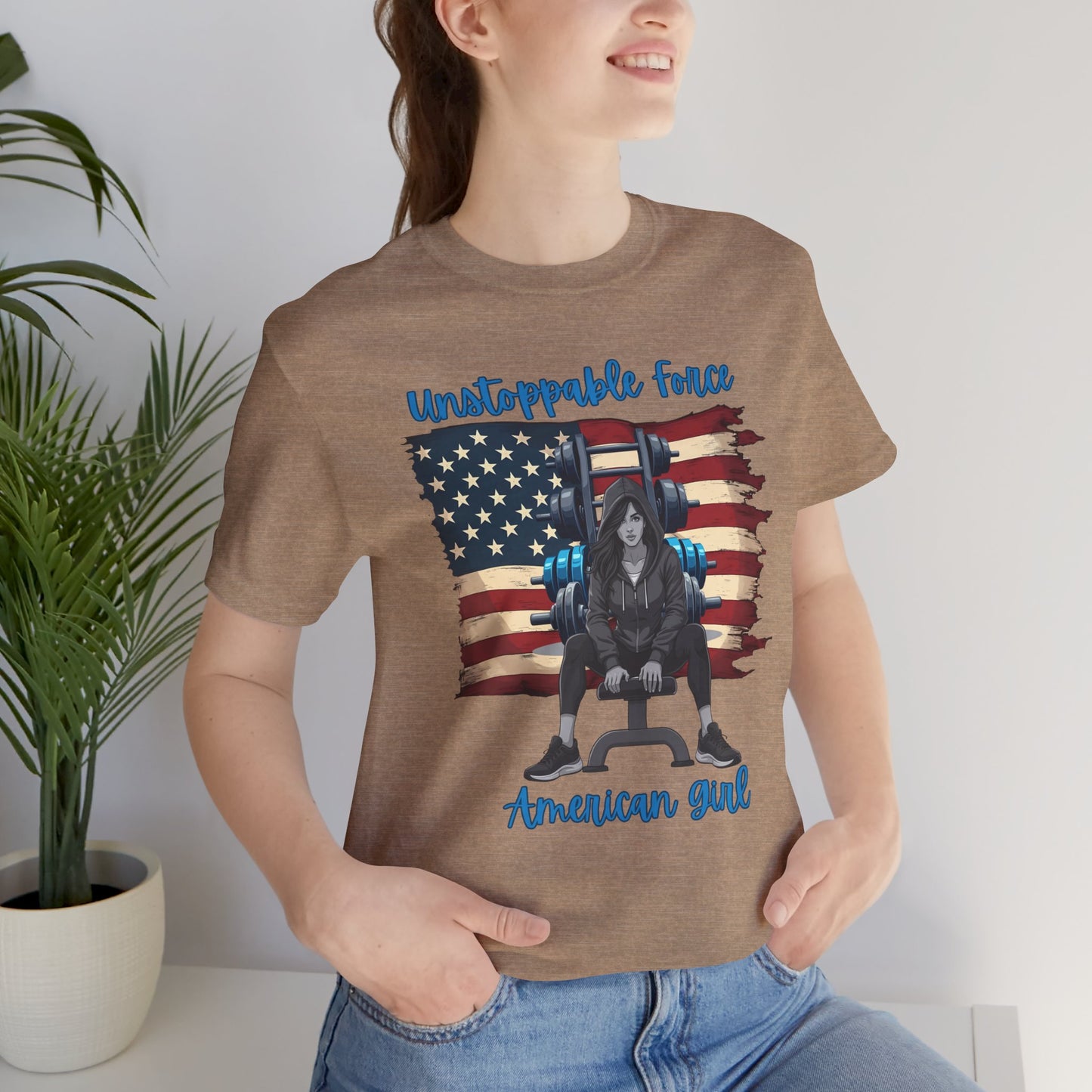 Unstoppable Force American Girl Tee - Patriotic Short Sleeve Shirt for Independence Day, Casual Wear, Gifts, Freedom Celebration