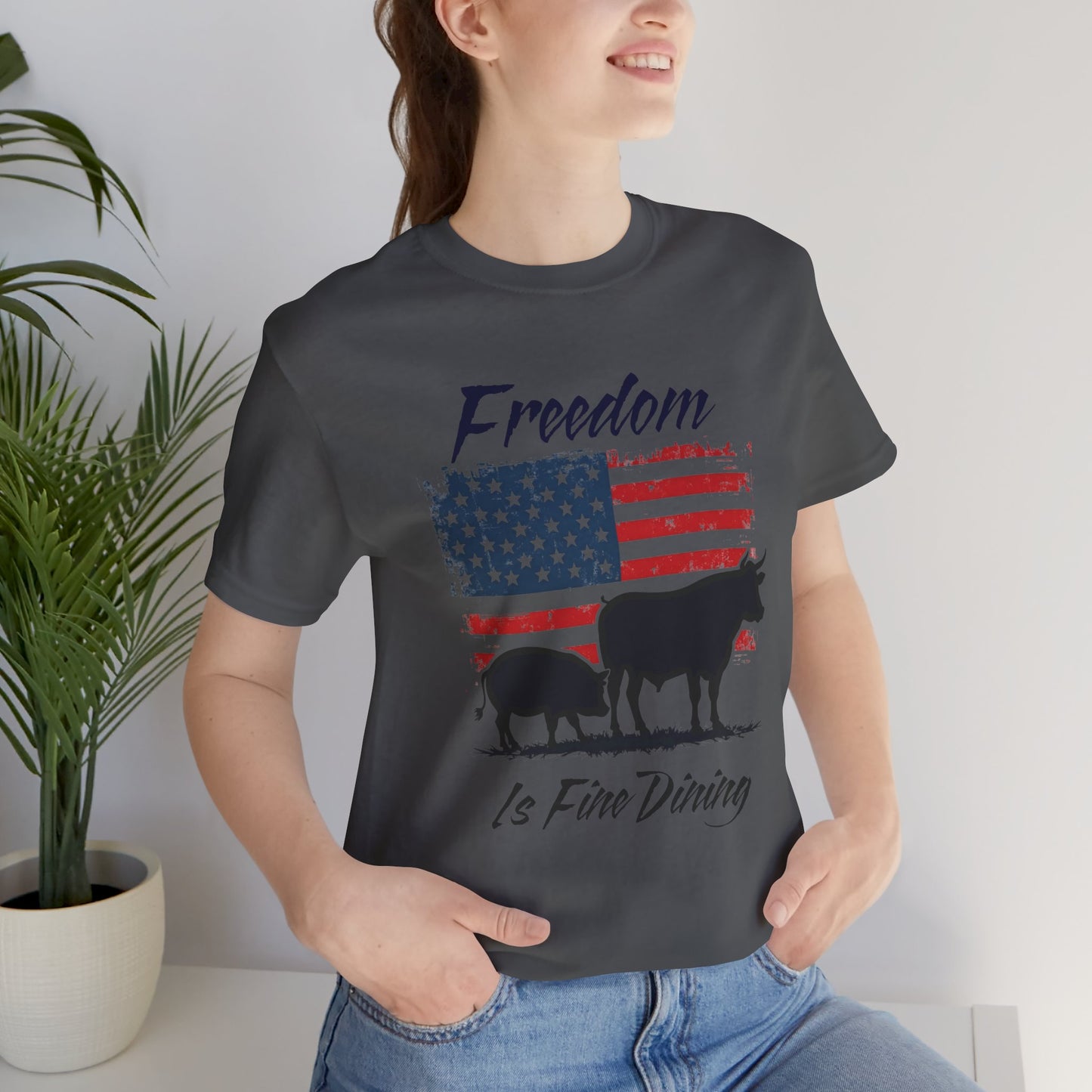 Freedom Is Fine Dining Unisex Jersey Tee - Patriotic Farm Theme