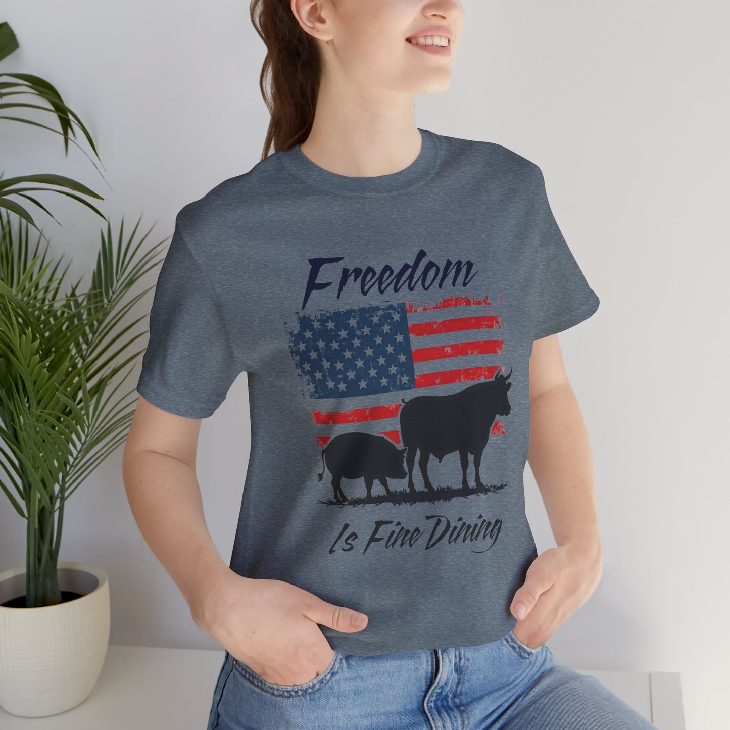 Freedom Is Fine Dining Unisex Jersey Tee - Patriotic Farm Theme
